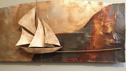 barco a vela Abstrato  Tons terrosos, cobre e dourado, arte de  luxo