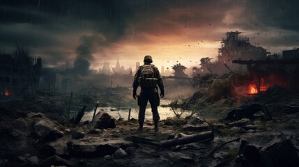 Alone soldier walking in destroyed city