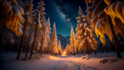 Nighttime view of a snow-covered forest illuminated by a light in the background, with tall pine trees covered in snow in December