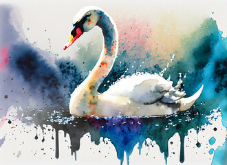 A swan on the water, in a colorful watercolor style. Generative AI
