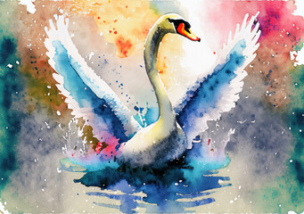 A swan on the water, in a colorful watercolor style. Generative AI
 - obrazy, fototapety, plakaty