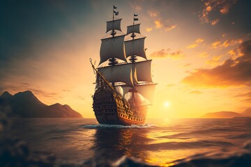 sailing ship galleon flying in the air toward a glorious sunset HD cinematography photorealistic epic composition Unreal Engine Cinematic Color Grading Depth of Field hyperdetailed beautifully  - obrazy, fototapety, plakaty