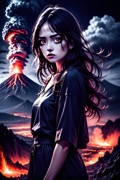Volcanic eruption and girl