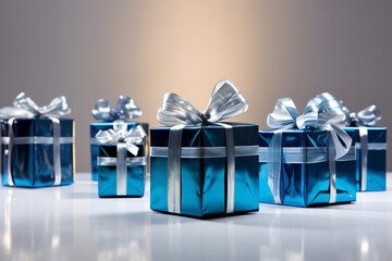Bright Blue And Silver Presents Aligned In A Row