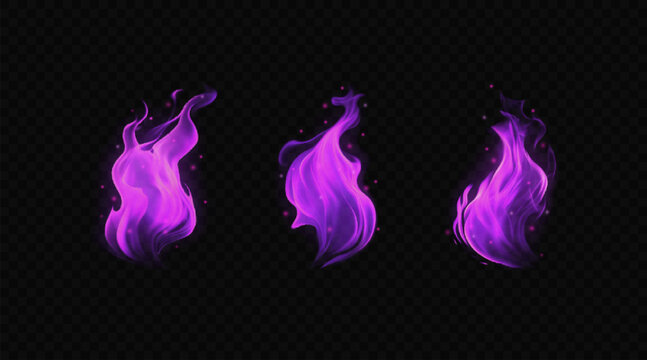Magic purple flame. Vector design elements. Set of bright colorful torch with sparkles isolated on transparent 