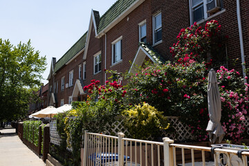 Beautiful Neighborhood Homes and Sidewalk with Flowers and Plants in Astoria Queens of New York City