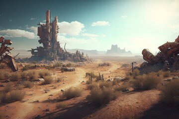 Panorama over Wasteland dystopic photorealistic high resolution 8k horizontal background high resolution octane render Realistic Detail Depth of field Awardwinning photography unreal engine 