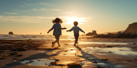 Kids running in the sand and shallow sea on a sunset / sunrise beach paradise &mdash; Joyful, happy, cinematic photography of children