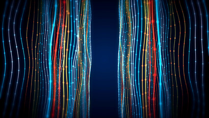 Abstract Artistic Blue Orange Shiny Blurry Focus Right And Left Vertical Perspective Side Dotted Hair Lines Curtains Waving In The Wind Background - obrazy, fototapety, plakaty