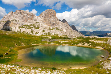 Naklejka premium crystal-clear Laghi dei Piani at Dolomite Mountains in summer day.