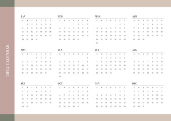 A simple and minimalist style annual template with a 2024 year 12 month calendar. Note, scheduler, diary, calendar, planner design template illustration.