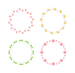 A set of colorful border frame illustrations with spring season concept icons in a circle. Flowers, buds, butterflies, petals, cherry blossoms, leafs, etc.