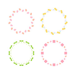A set of colorful border frame illustrations with spring season concept icons in a circle. Flowers, buds, butterflies, petals, cherry blossoms, leafs, etc.