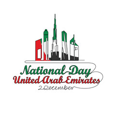 One continuous line drawing of UAE National Days on December 2nd. UAE National Days design in simple linear style illustration. Suitable for greeting card, poster and banner. Patriotic design concept.