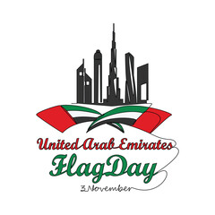 One continuous line drawing of UAE Flag Days on November 3rd. UAE Flag Days design in simple linear style illustration. Suitable for greeting card, poster and banner. Patriotic design concept.