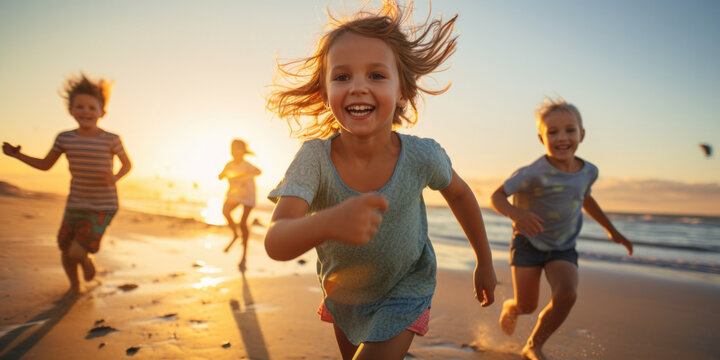 Closeup of kids running in the sand and shallow sea on a sunset / sunrise beach paradise — Joyful, happy, cinematic photography of children