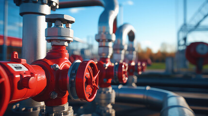 Close-up of Gas tap with outdoor pipeline system near natural gas station. Gas industry, natural gas production.  - obrazy, fototapety, plakaty