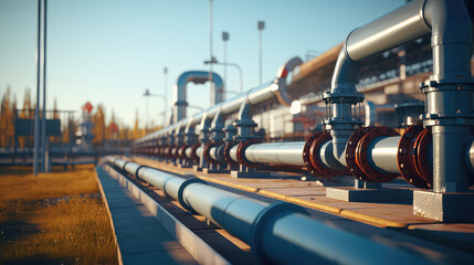 Close-up of Gas tap with outdoor pipeline system near natural gas station. Gas industry, natural gas production. 
