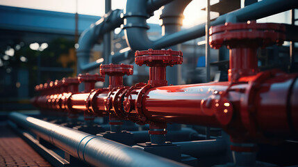 Close-up of Gas tap with outdoor pipeline system near natural gas station. Gas industry, natural gas production. 