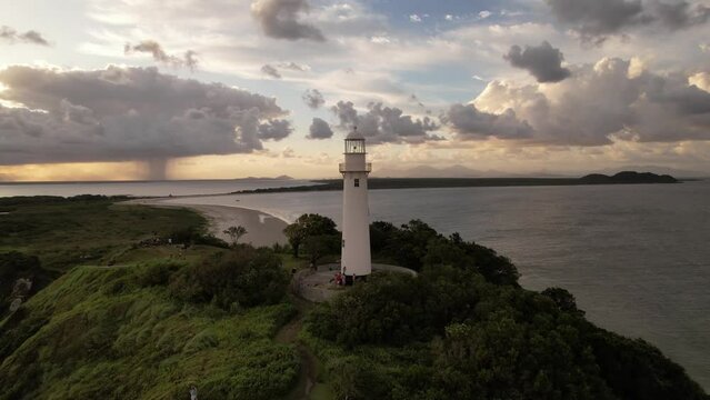 Aerial view of the Farol das Conchas lighthouse and beaches of Ilha do Mel, Paranagu&aacute;, Paran&aacute;, South, Brazil