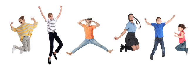 Different kids jumping on white background, collage with photos - obrazy, fototapety, plakaty