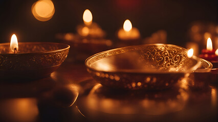 Beautiful diya lamps lit during Diwali celebration. Selective focus