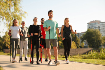 Group of people practicing Nordic walking with poles in park on sunny day - obrazy, fototapety, plakaty