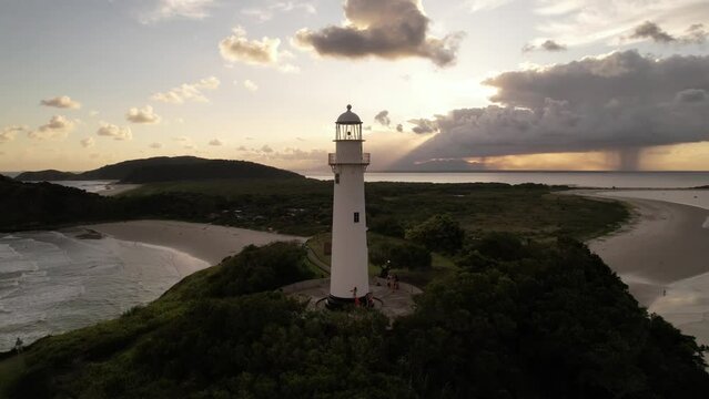 Aerial view of the Farol das Conchas lighthouse and beaches of Ilha do Mel, Paranagu&aacute;, Paran&aacute;, South, Brazil