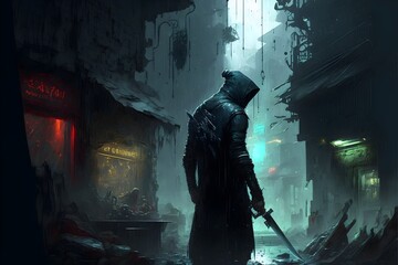 cinematic dark dystopian slums a vicious cyberpunk throws a knife 