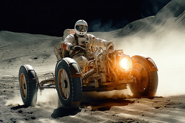 off-road vehicle on the moon, moon, moon buggy, astronaut, snow, sand, dusty road - GENERATIVE AI	 - obrazy, fototapety, plakaty
