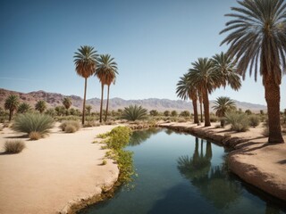 Fototapeta na wymiar A desert oasis with date palm trees surrounding a tranquil pond reflecting the scene