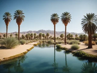 Selbstklebende Fototapeten A desert oasis with date palm trees surrounding a tranquil pond reflecting the scene © Meeza