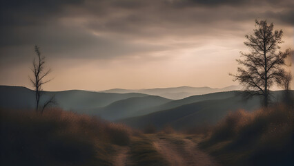 Foggy mountain landscape in the morning. 3d illustration.