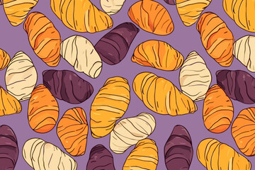 Croissant quirky doodle pattern, wallpaper, background, cartoon, vector, whimsical Illustration