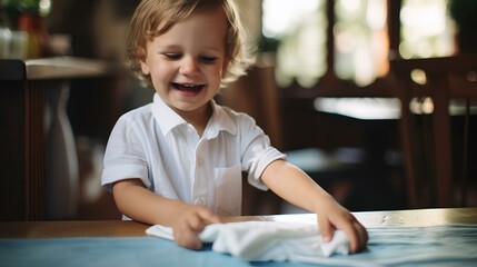 happy young child wiping down a table with a dishcloth. proper home education concept. generative AI