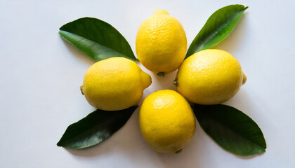 lemons with green leaves on white background top view 