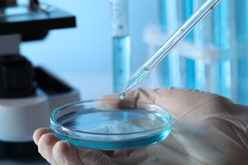 Scientist dripping liquid from pipette into petri dish in laboratory, closeup