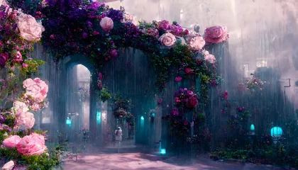 Foto op Canvas environment rain falling upon a spring garden tiffany blue pink purple white jasmine wisteria roses ivy portal made of roses steampunk sculptures fantasy ethereal hyperrealistic unreal engine 5  © Megan