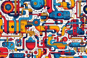 Industrial style typography quirky doodle pattern, wallpaper, background, cartoon, vector, whimsical Illustration