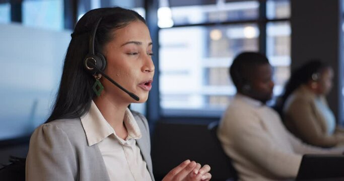 Call center, help desk and woman with customer service, connection and communication with telemarketing. Person, employee and agent with headset, technical support and consultant with call center