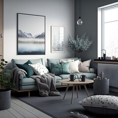 interior design for a living room in the style of scandinavian minimalism modern dull and soothing colors 