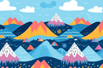 Mountains with blue skies quirky doodle pattern, wallpaper, background, cartoon, vector, whimsical Illustration