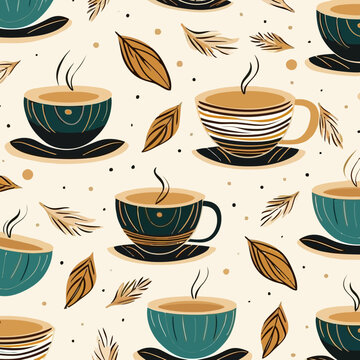 Arabic coffee cup design pattern, background, hand-drawn cartoon flat art Illustrations in minimalist vector style