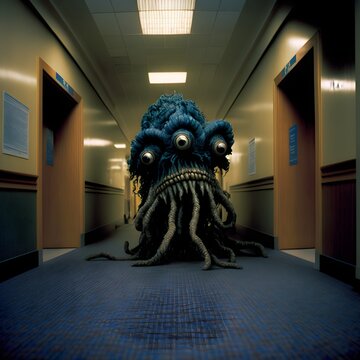 a horrifying lovecraftian undead creature standing in a hallway in an empty 80s corporate office space with long hallways with no people or furniture liminal space in a 1987 movie 1980 cinematic 