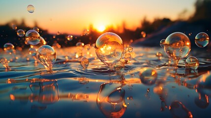 Illustration of soap bubbles floating against a sunset, capturing reflections and the warm, golden-hour light, suitable for light-hearted and dreamy contexts. (Generative AI)