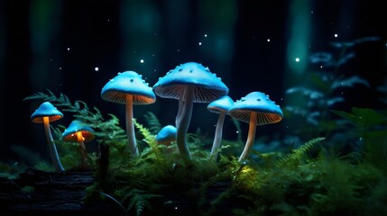 Illustration of a bioluminescent mushrooms in a dark forest, emphasizing the enchanting glow and mysterious atmosphere created by Generative AI