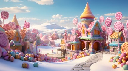 A wonderful colorful fairy tale village, town or a city partially built from a candy and sweets, created by Generative AI.