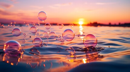 Illustration of soap bubbles floating against a sunset, capturing reflections and the warm, golden-hour light, suitable for light-hearted and dreamy contexts. (Generative AI)