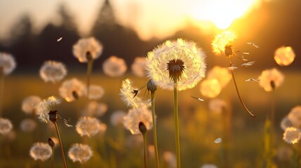 Illustration of delicate dandelion seeds being blown away, backlit by warm, golden sunlight, suitable for themes of change, freedom, and softness. (Generative AI)