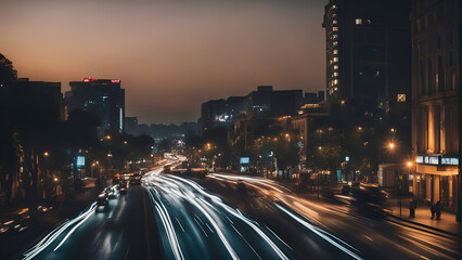 Car light trails on the street at night in Beijing. China. - obrazy, fototapety, plakaty